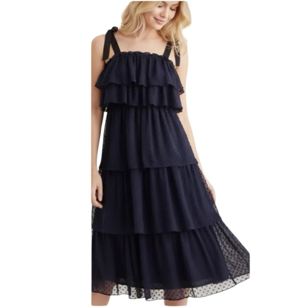 J.Crew Navy Blue Polka Dot Spaghetti Strap Sundress Size layered Ruffles Size 4‎